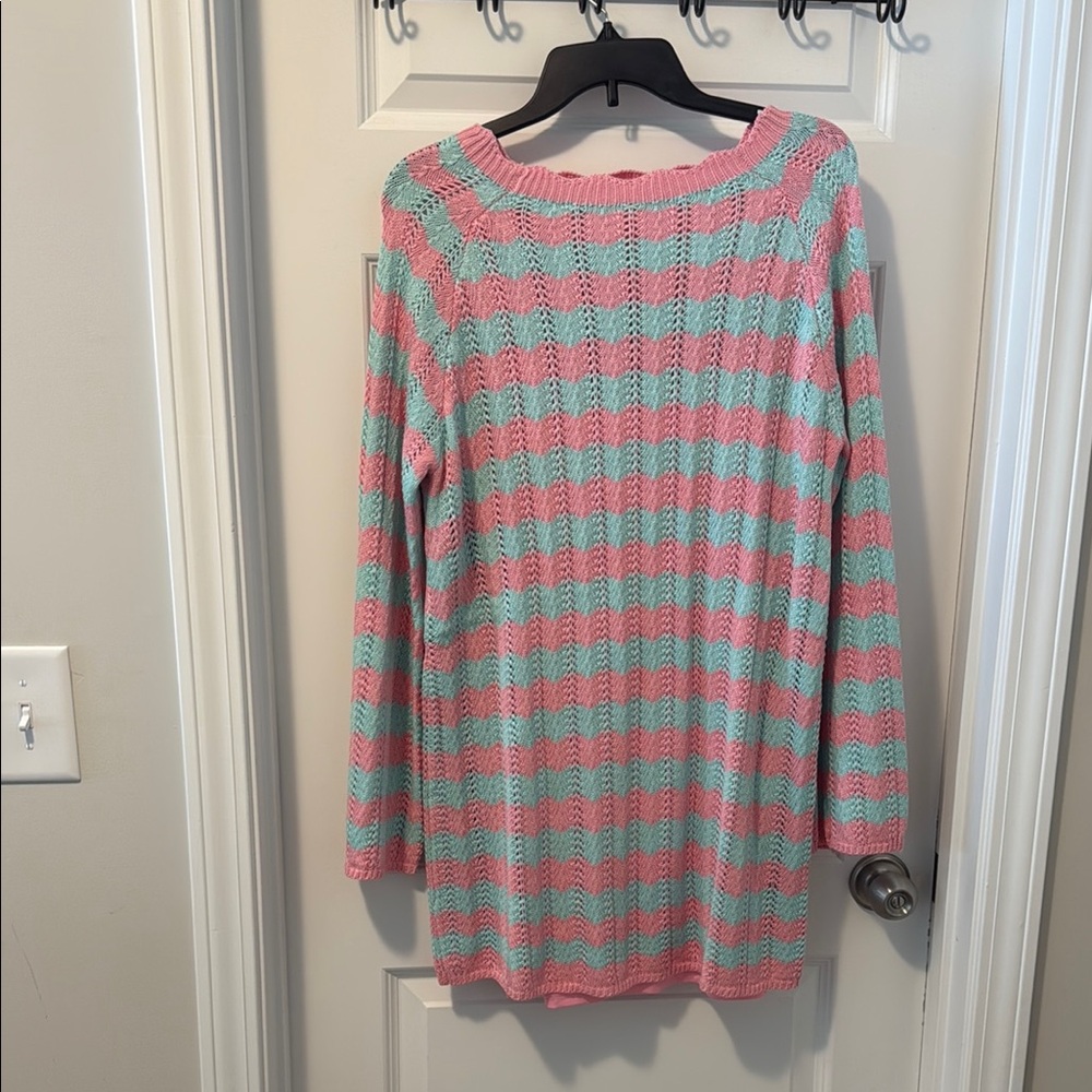 Pink Lily Striped Crew Neck Sweater in Pink and Green